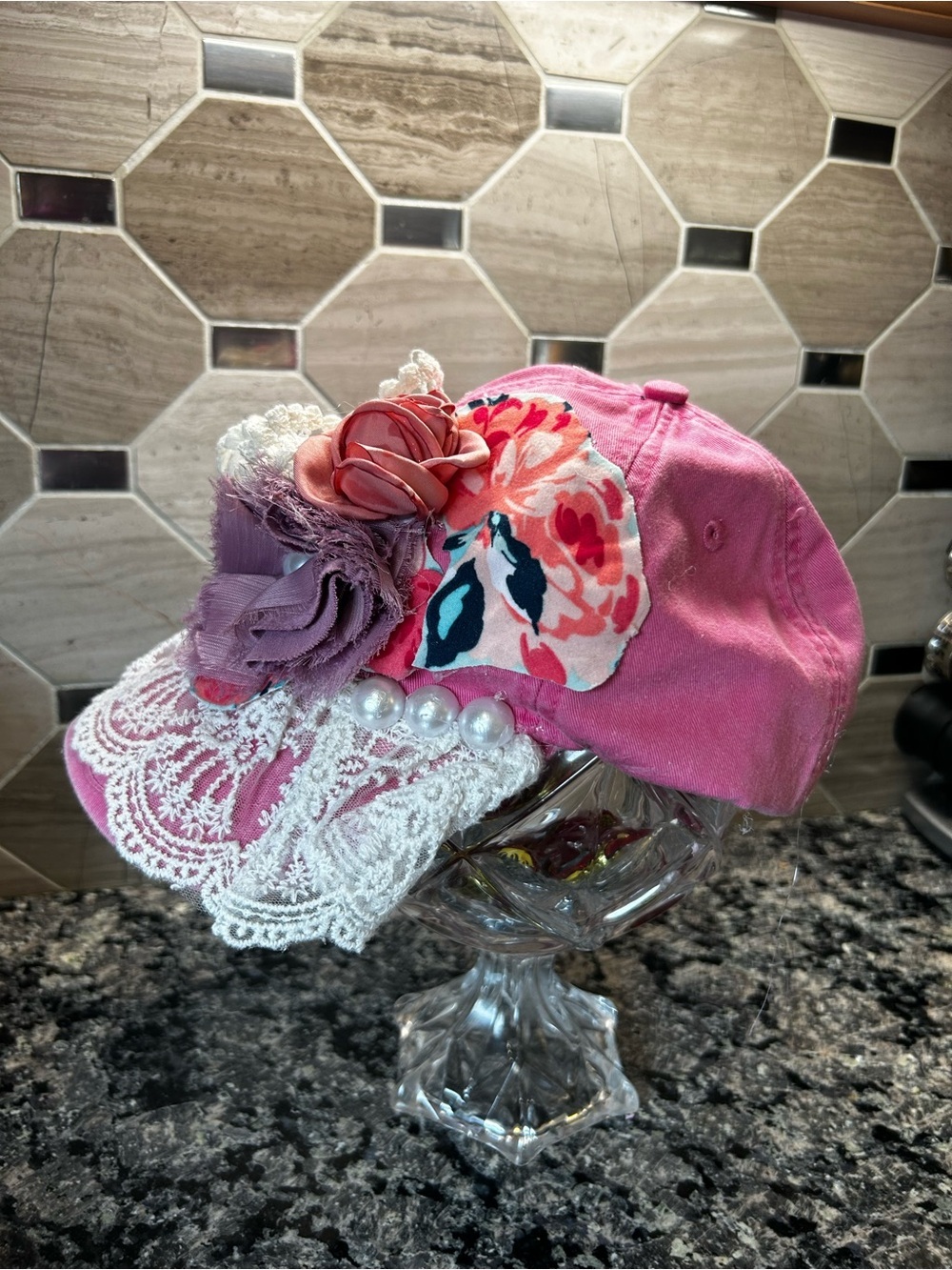 NewHandcrafted Boho Cottagecore Women Pink Lace Floral Baseball Cap OOAK - Picture 3 of 10